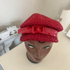 Vintage Women’s Red Woven Straw Hat Patent Bow Detail